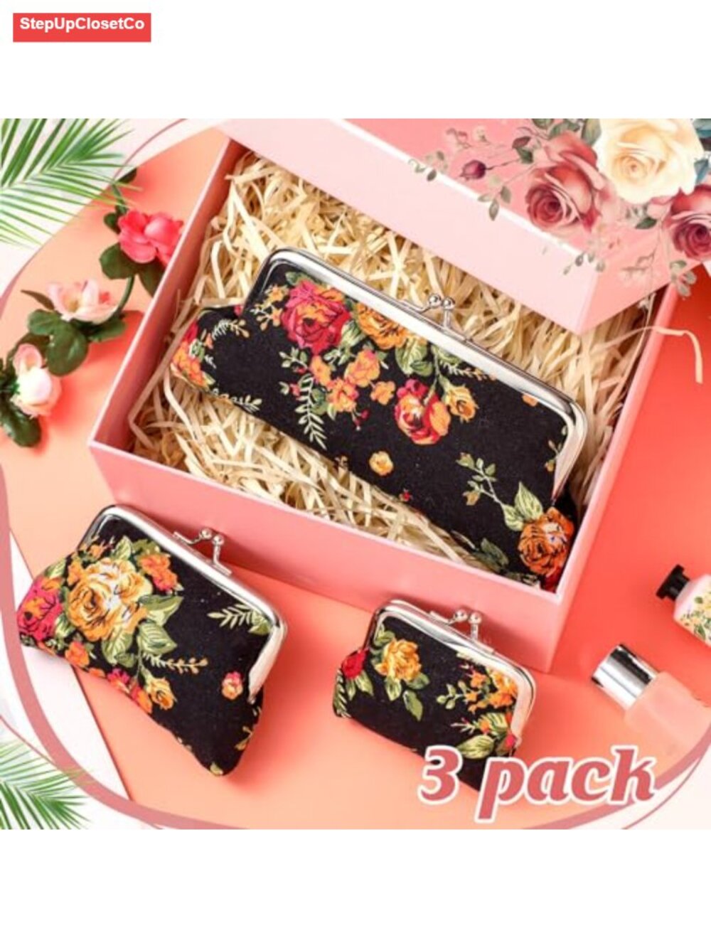 3 Pcs Canvas Coin Purse Set with Kiss Lock for Women - Picture 4 of 5